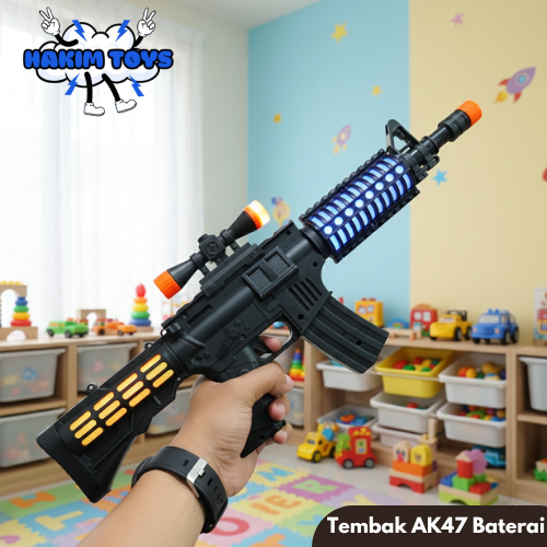 Tembak AK47 Mainan Lampu Suara Getar Tembakan Keren