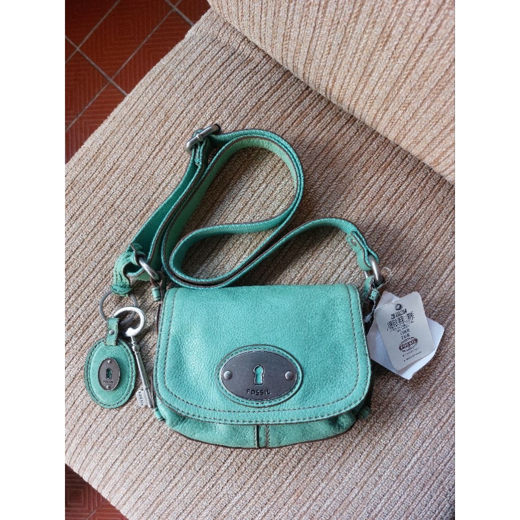 tas fossil maddox mini sling green mint lengkap keyfob nwt