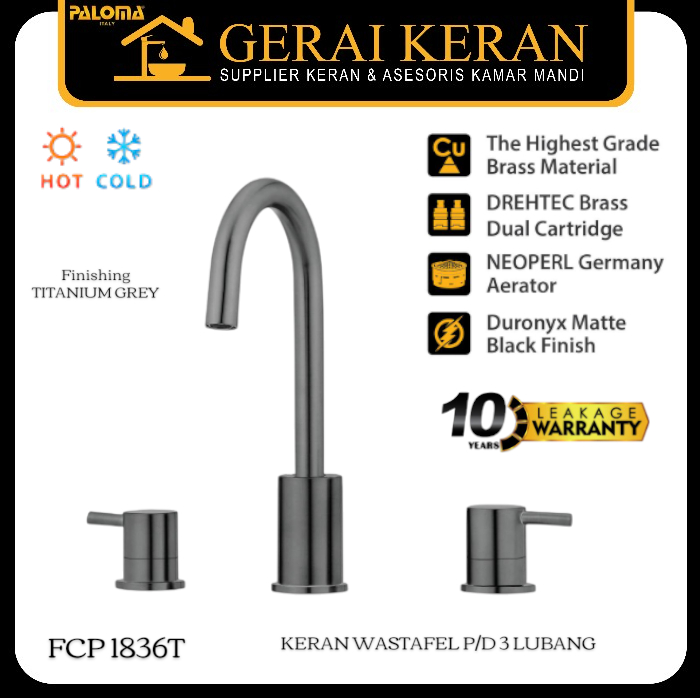 PALOMA FCP 1836T Keran Wastafel Kran Cuci Tangan 3 Lubang Air Panas Dingin Brass Titanium Grey Abu