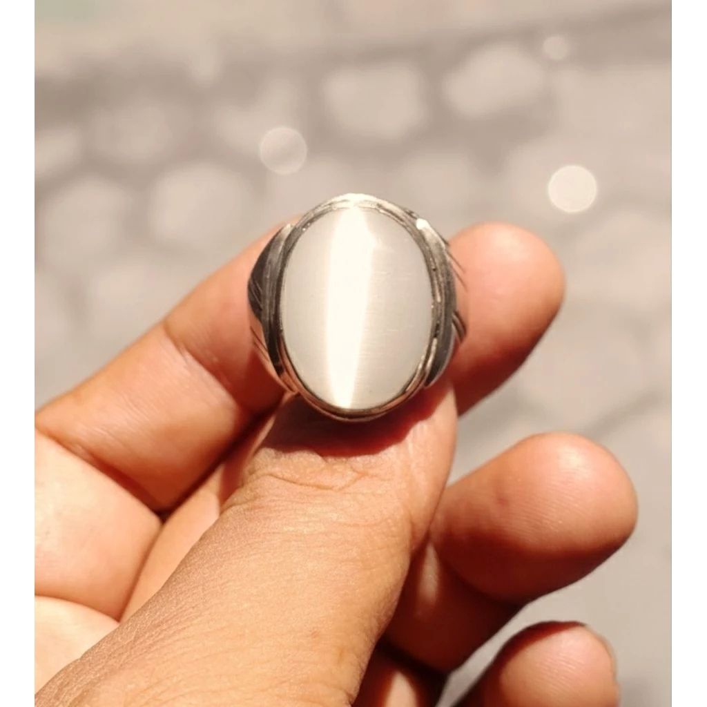 cincin batu akik biduri bulan white cat's eye jumbo mban monel tanam classic