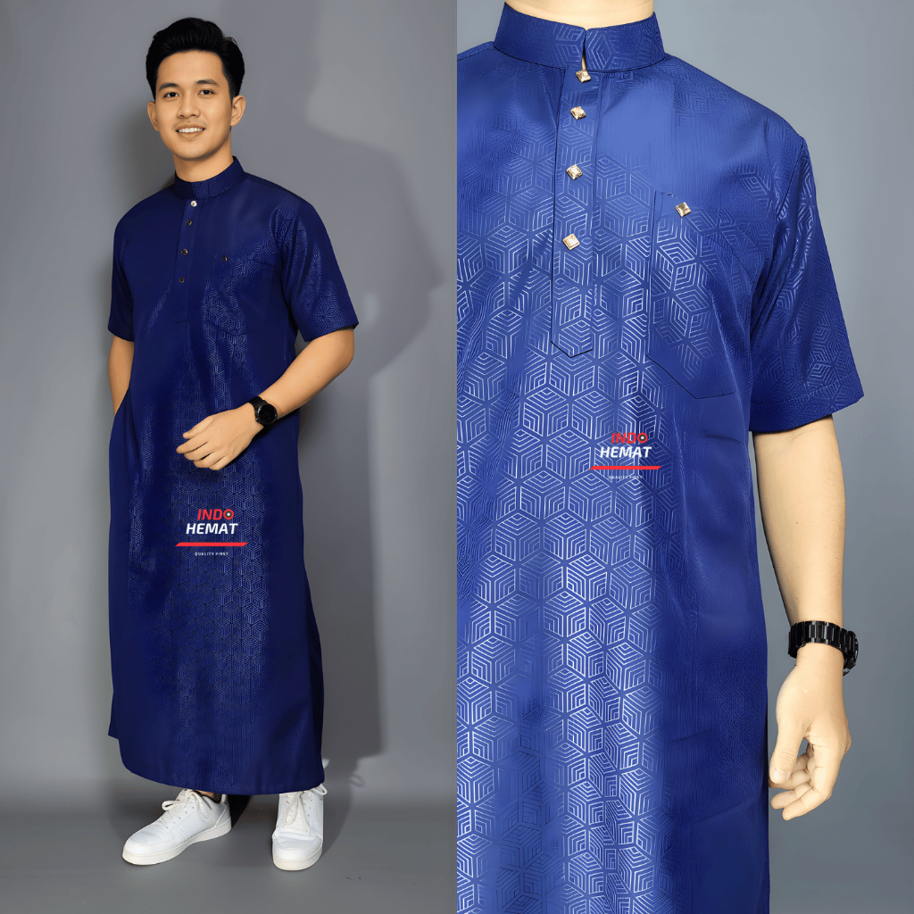 Jubah Gamis Pria Dewasa Lengan Pendek Embos Motif Timbul Katun Premium