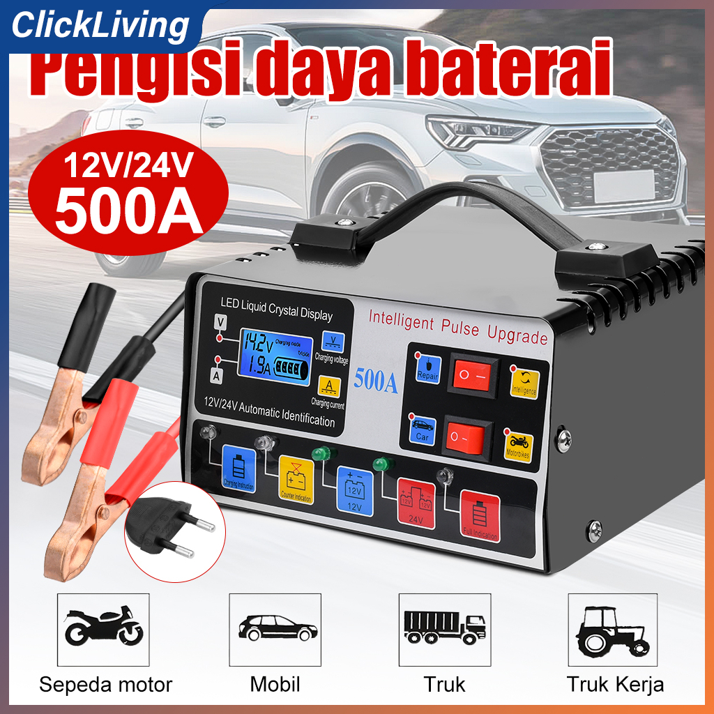 Charger Aki Mobil dan Motor 240W 500A - Pulse Repair 5 Tahap, Deteksi Otomatis 12V/24V, 6 Sistem Pro