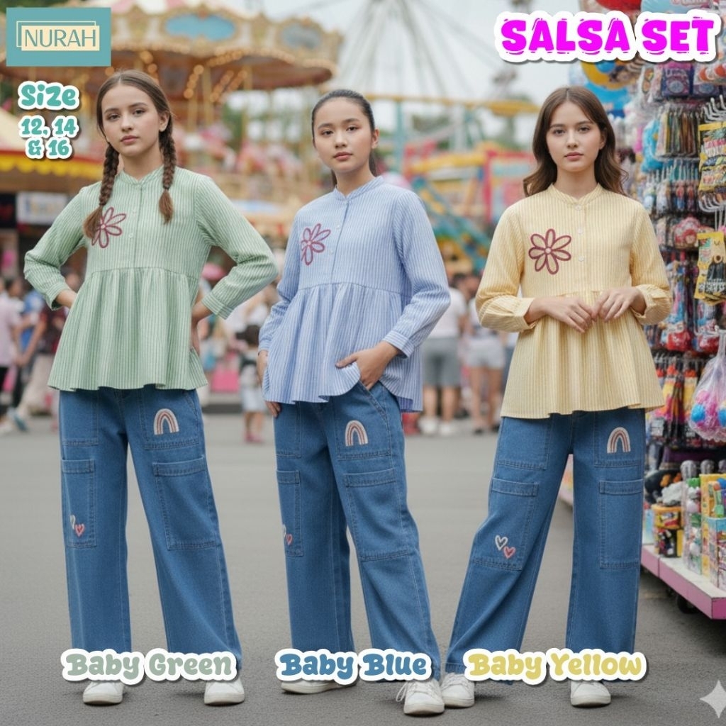[Close] Nurah Salsa Set Setelan Blouse Stripe Bordir Denim Kulot Anak Remaja 12-16th Katun Dealova P
