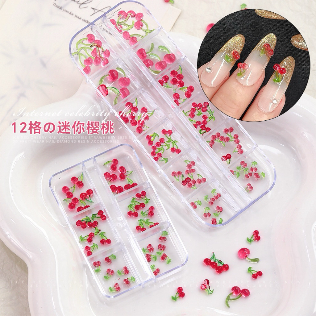 Cherry Nail Art Jewelry Small / Big Red Cherry Alloy Nail Art 12 Grids Cherry Jewelry Set