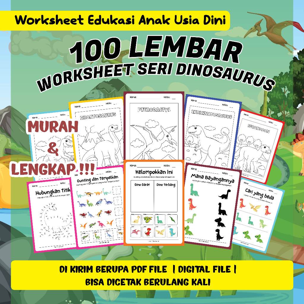 100 LEMBAR FILE PDF AKTIVITAS/WORKSHEET ANAK TK-PAUD-SD SERI DINOSAURUS (FILE PDF/EBOOKS)