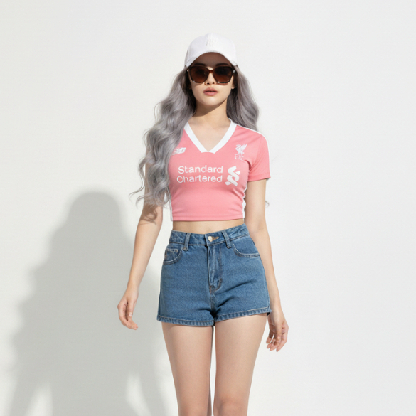 Crop Top Vneck Bahan Stretch Liverpool Wanita - Fans Club Football Edition, Crop Body Fit Dari BKK, 