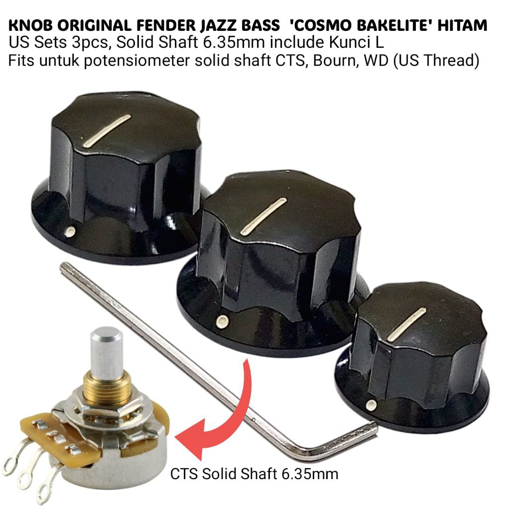 Knob Original Fender Jazz Bass US Cosmo Bakelite Solid Shaft 6.35mm Hitam
