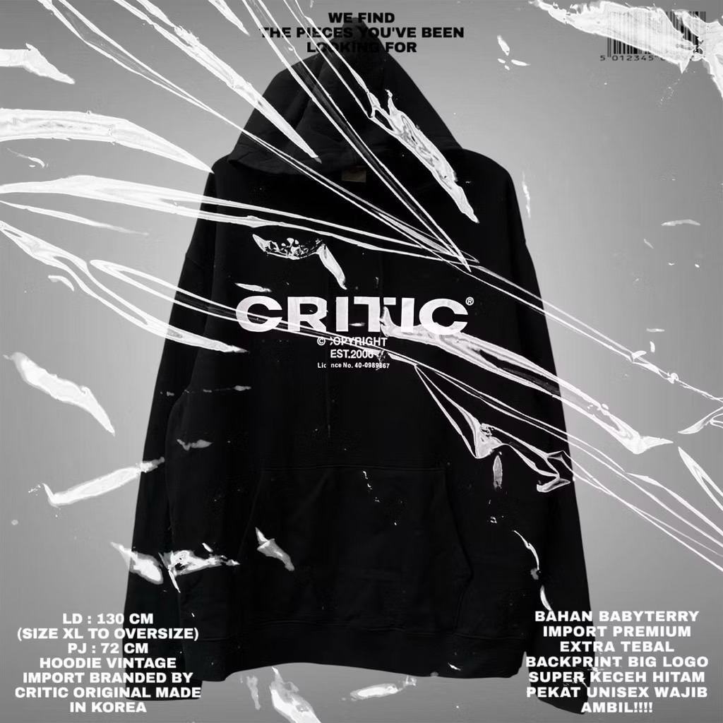 CRITIC HOODIE OVERSIZE BOXY UNISEX KOREAN LOOK/BLACK HITAM HOODIE OVERSIZE BALON PRINTING BIG LOGO C