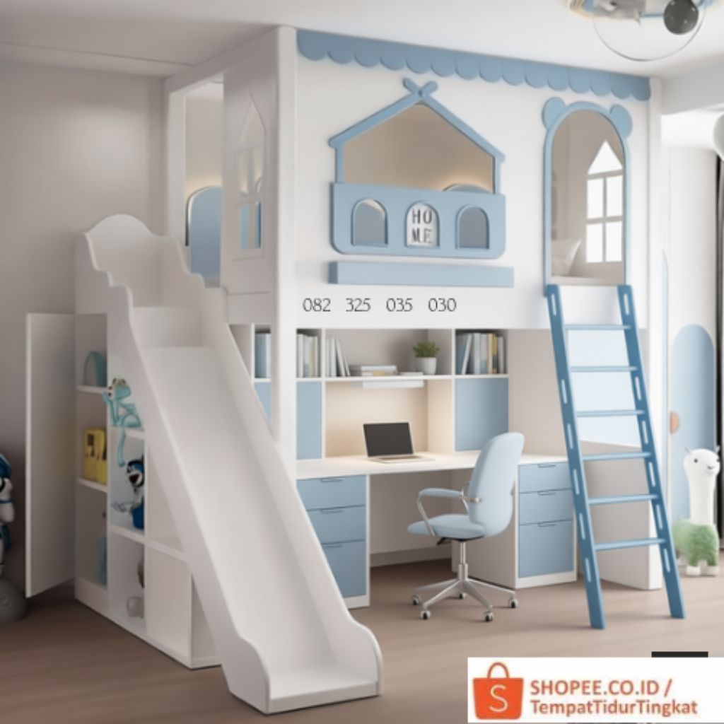 Tempat Tidur Tingkat Bawah Meja Belajar , Ranjang Anak Kayu Perosotan