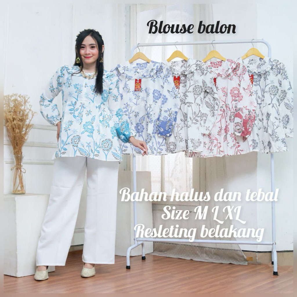 BLOUSE BALON  BATIK WANITA ATASAN KERJA BLOUSE LENGAN BALON