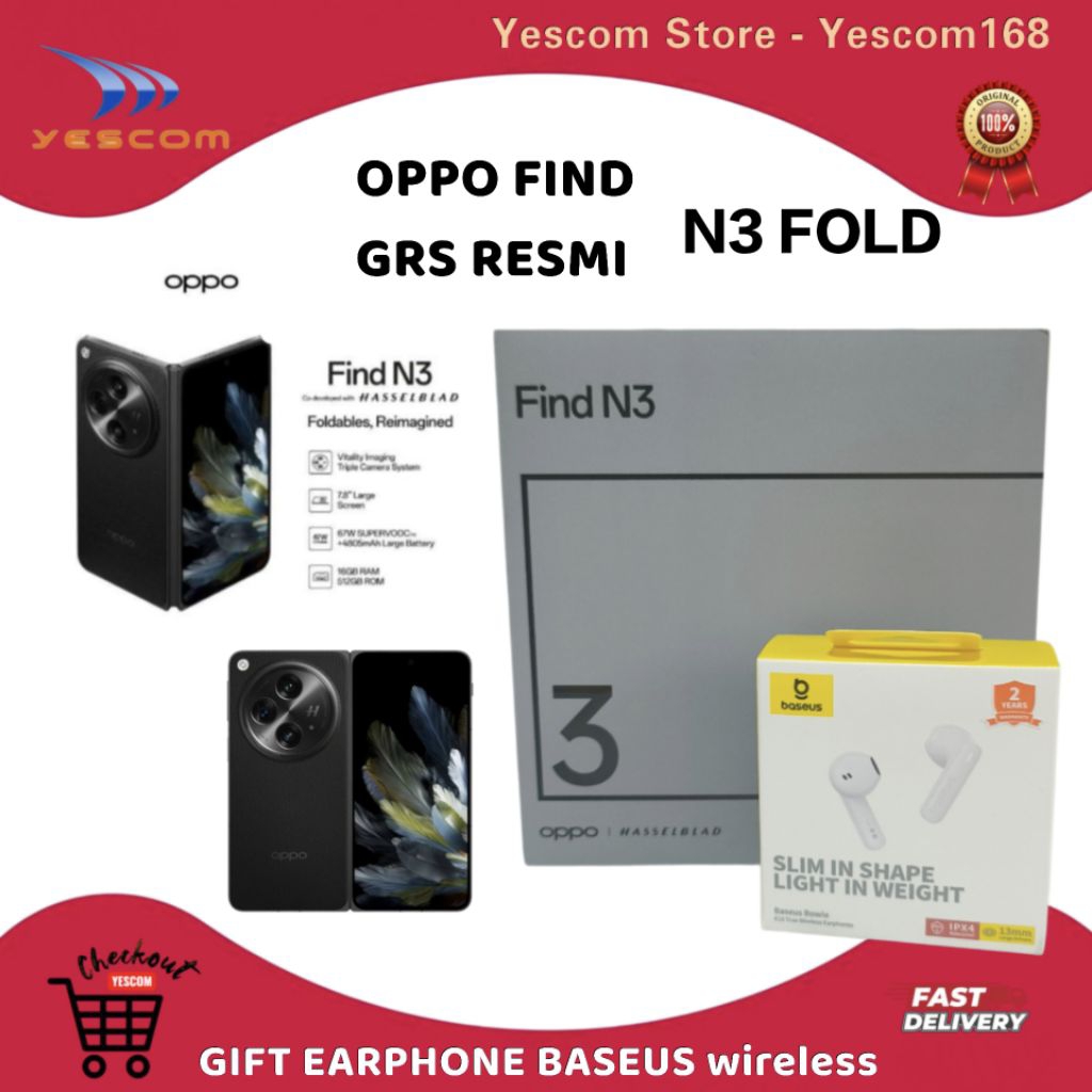 HP OPPO FIND N3 FOLD RAM 16/512GB GRS RESMI OPPO - GIFT EARPHONE BASEUS WIRELESS