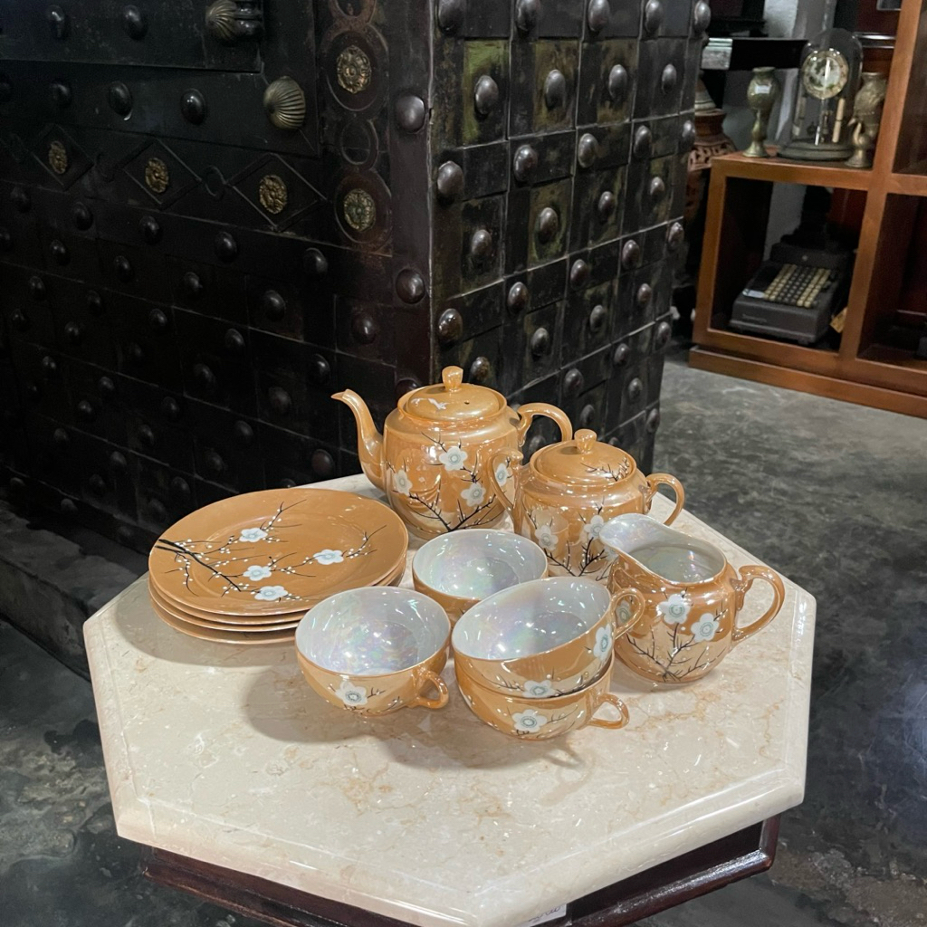Set Teko Cangkir Tea Set Keramik Jepang Peach Orange dengan Lukisan Bunga Sakura Lawas Jadul Tua