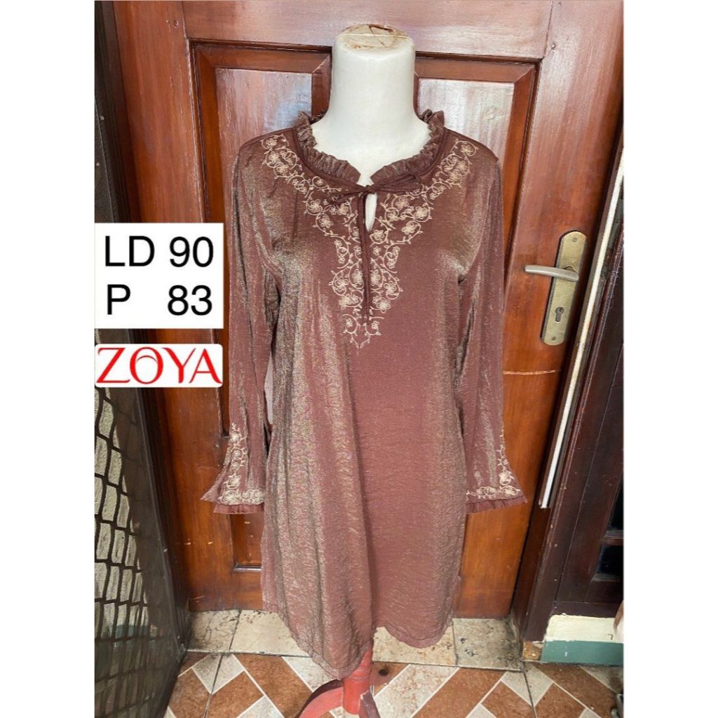 Zoya Atasan Wanita Muslimah Coklat Berkilau High Neck Bordir