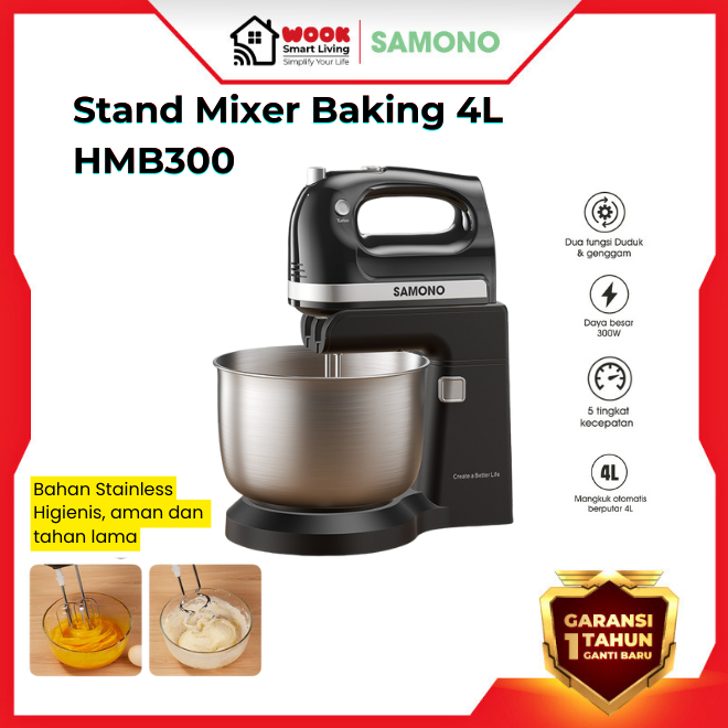 SAMONO Stand Mixer 4L Dua Fungsi Duduk Genggam 5 Kecepatan Motor 300W Mangkuk Berputar Adonan Merata