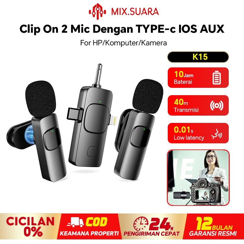 MIX.SUARA K15 3 In 1 2 Mic Wireless Microphone hp Tanpa Kabel Mini Clip On Mic Wireless Plug & Play 