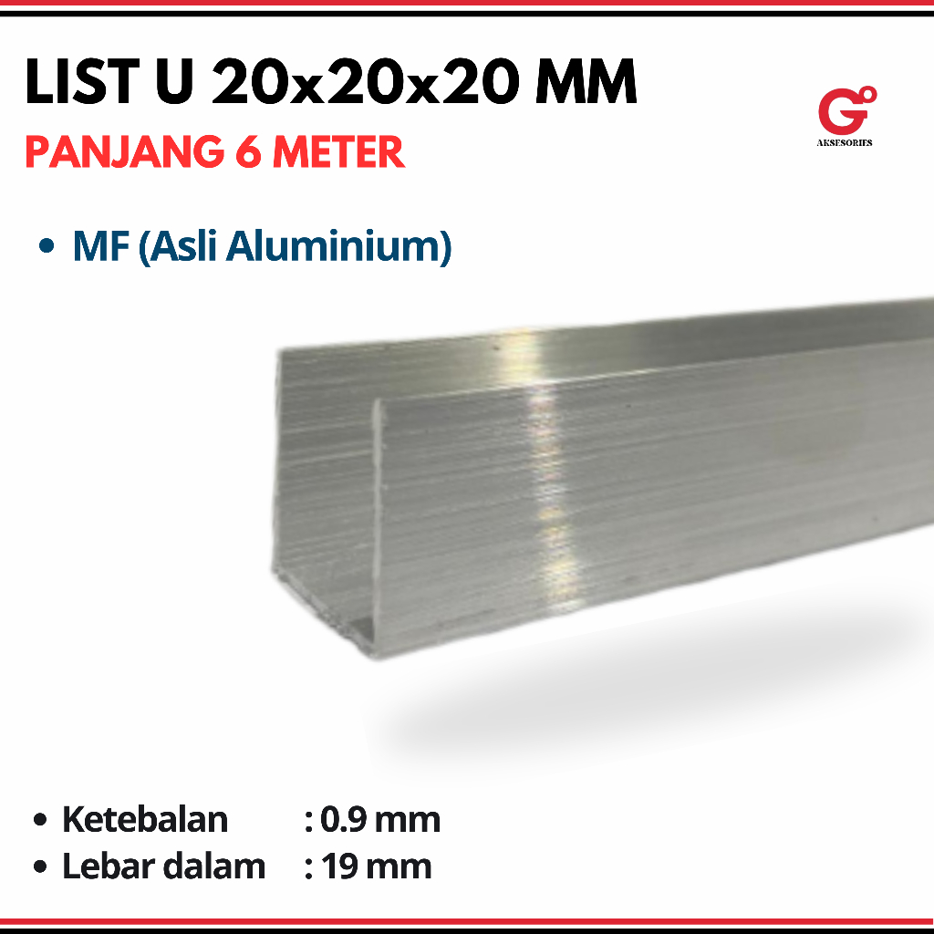 CHANNEL U / LIST U ALUMINIUM 2 CM X 2 CM (GRATIS ONGKOS POTONG)