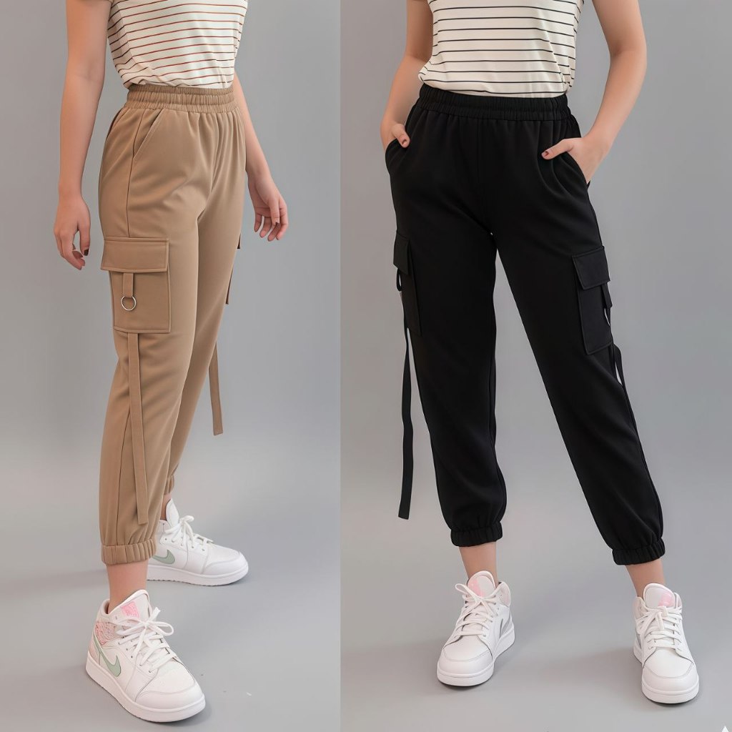 yuralabel - Cargo Pants Wanita Celana Cargo Celana jogger Scuba Korean Style Kekinian Hitam Putih