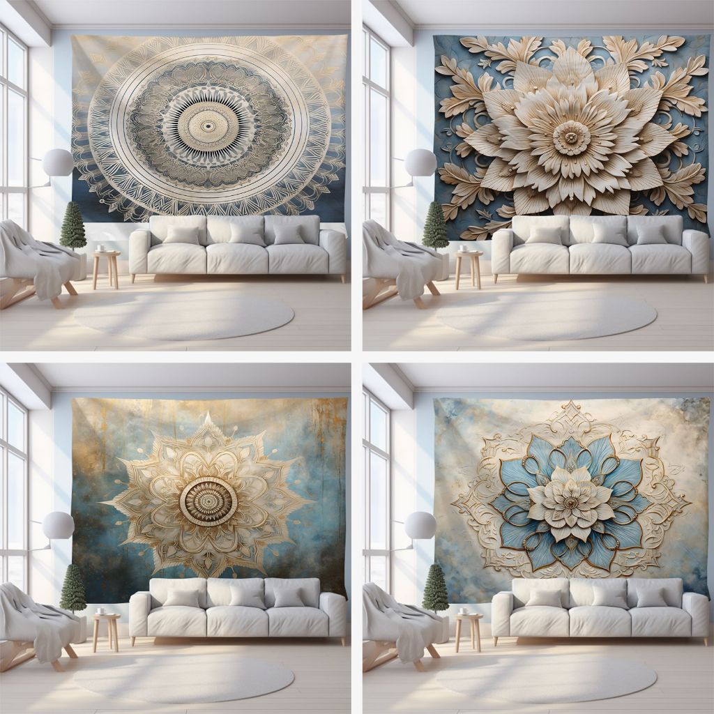 Kain Gantung Mandala Seri Putih Susu Latar Kamar Dekorasi Cetak Populer