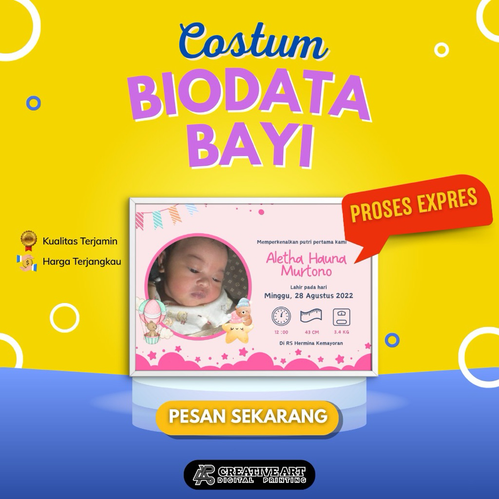 cetak biodata bayi lahir/kado lahiran/cetak biodata bayi pakai drama