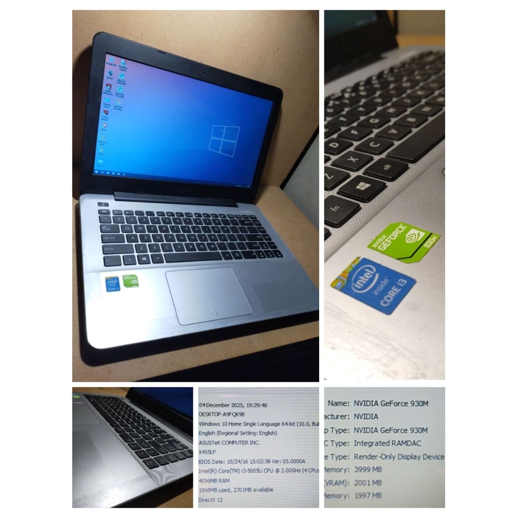 Asus x455lj i3 (gen5) 5010u 2.1ghz + ram 4gb + ssd 128gb + nvidia 930mx 2gb + 14 inch + 1jam
