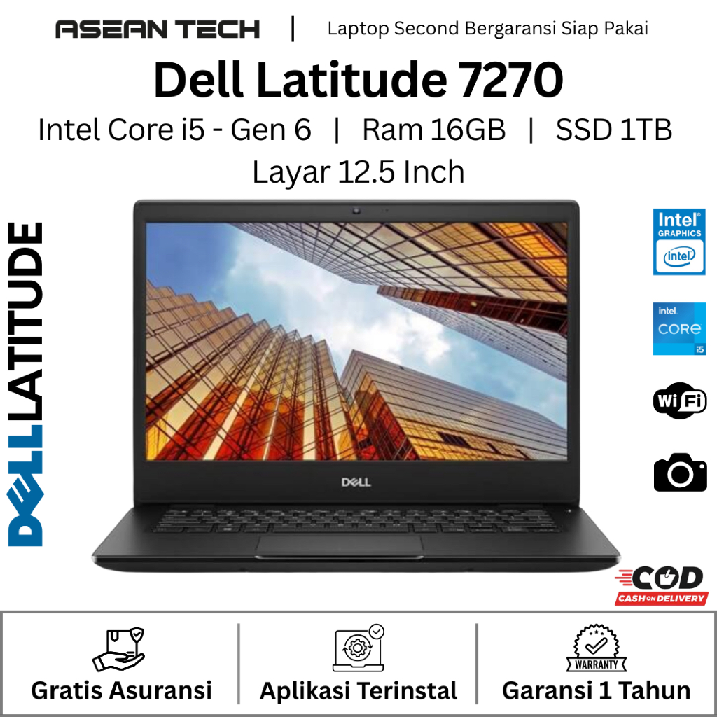 Laptop 12" Dell Latitude 7270 Core i7/ i5 Gen 6 Ram 16GB SSD 1TB - Second Murah Bergaransi - SLIM