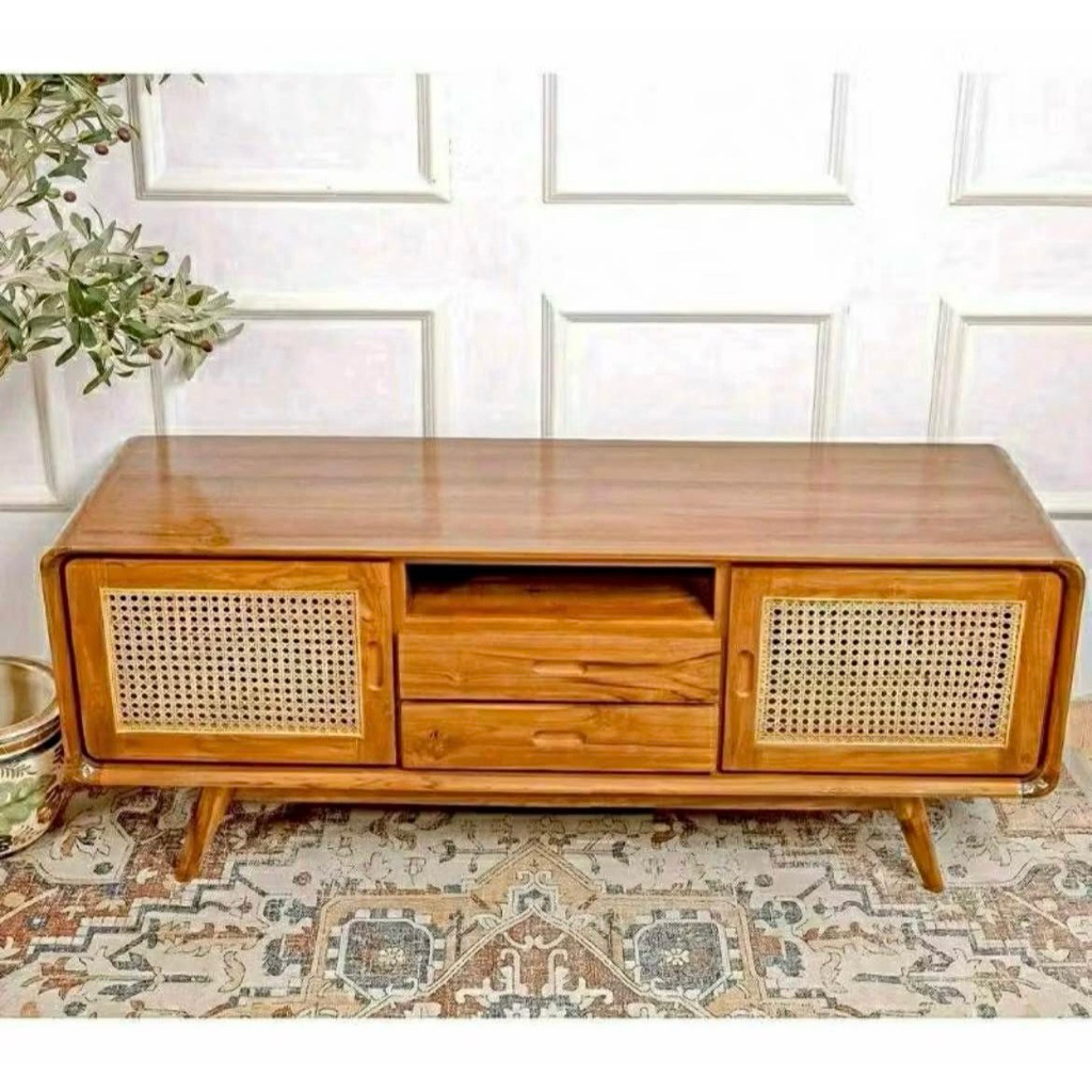 Rak TV Minimalis Kayu Jati & Rotan – Lemari TV Modern Natural Jepara Solid Wood