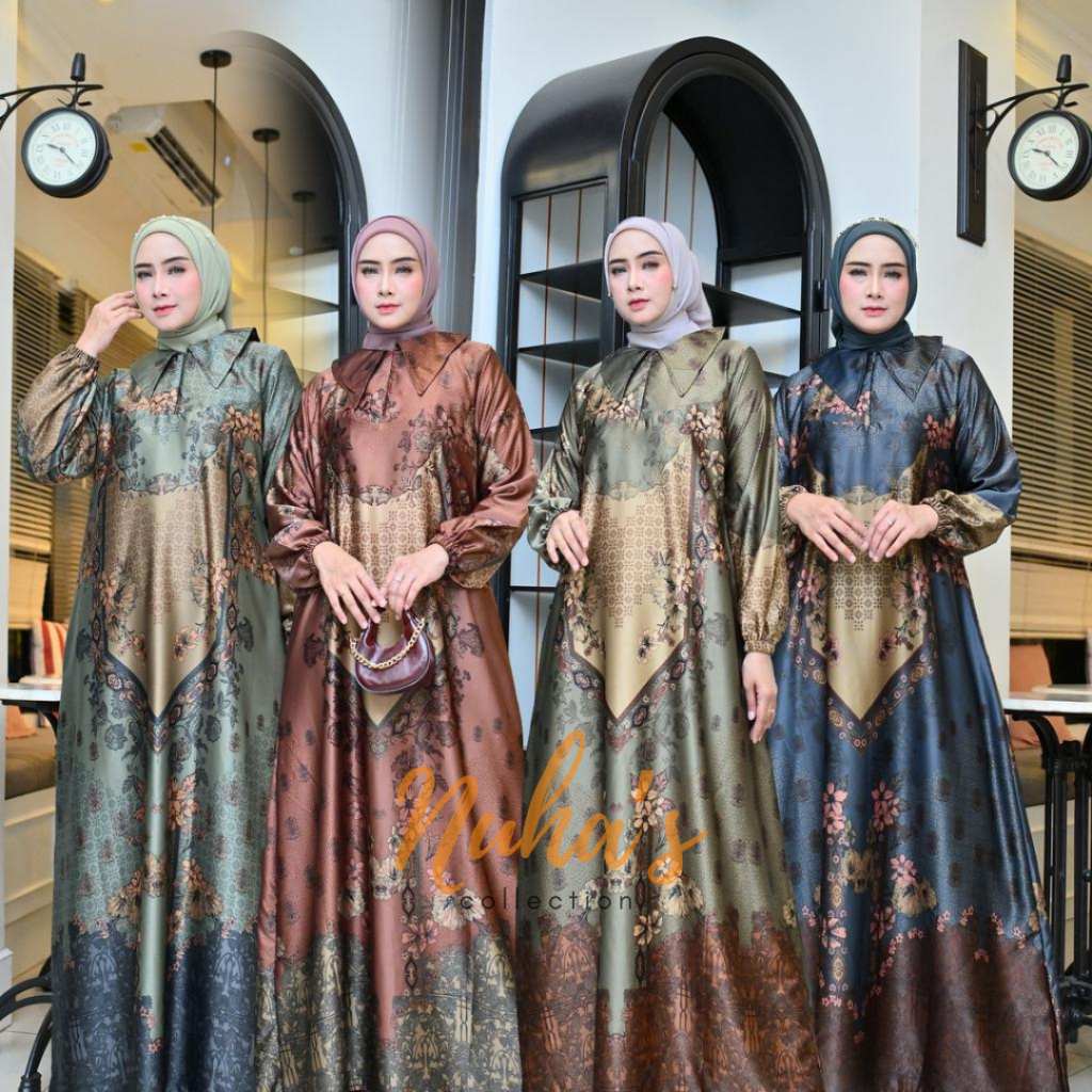 Nuhas - Dress Silk Motif Alana Gamis Mewah Kondangan Kerah Pesta Terbaru Lebaran Acara silk premium 
