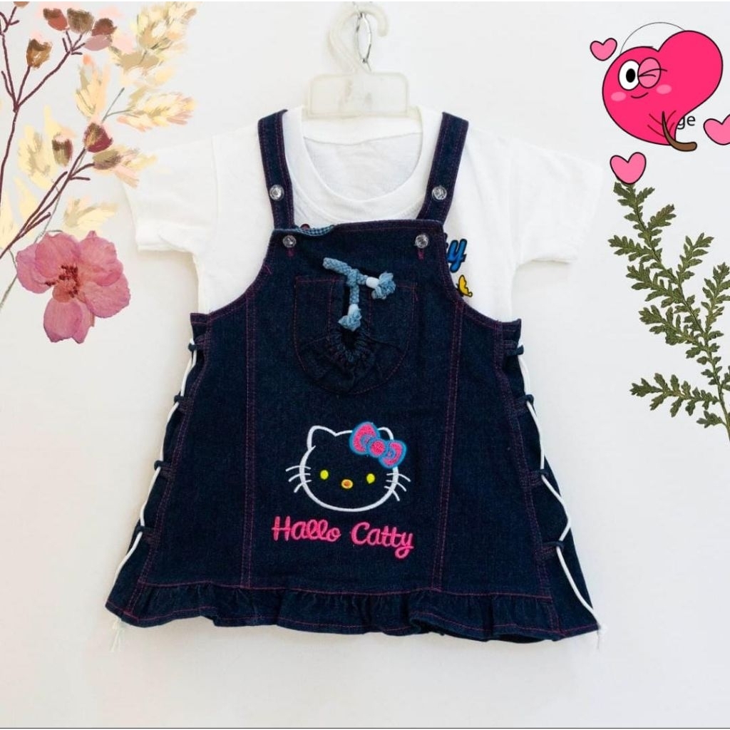 Baju Kodok Jeans Tali Samping Hello Kitty