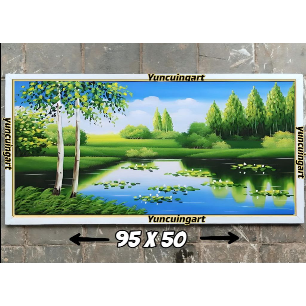 hiasan dinding lukisan cetak pemandangan danau hijau plus bingkai ukuran 95*50