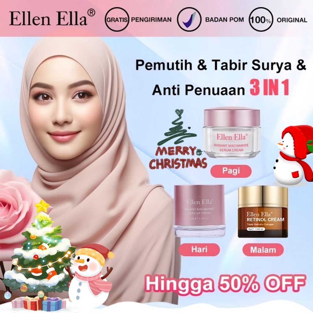 BPOM ELLEN ELLA Glowing & Anti Aging Cream 3pcs Paket Advanced Pemutih Cream Wajah Brightening  Day 