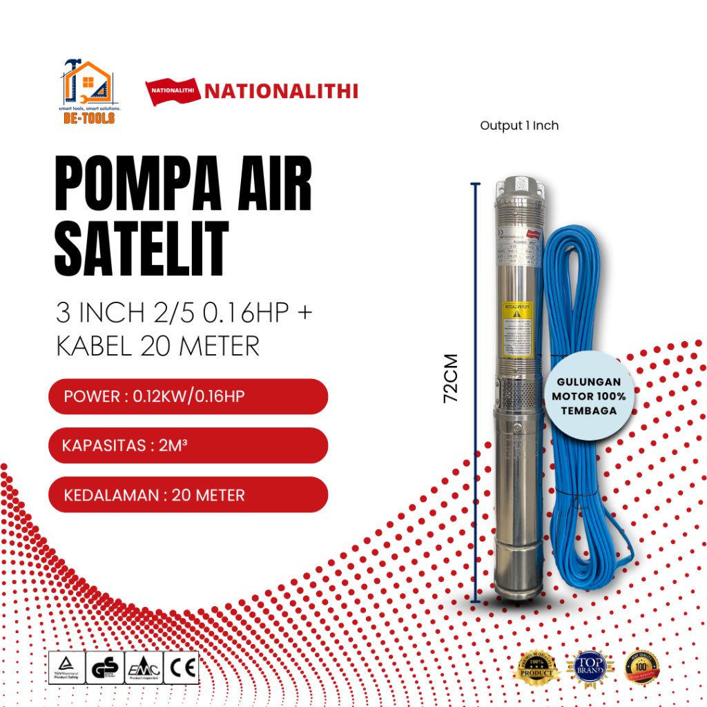 Pompa Satelit NATIONALITHI 3 Inch 2/5 Pompa Submersible + Kabel 20 Meter 0.12 KW - 0.16 HP Output 1 