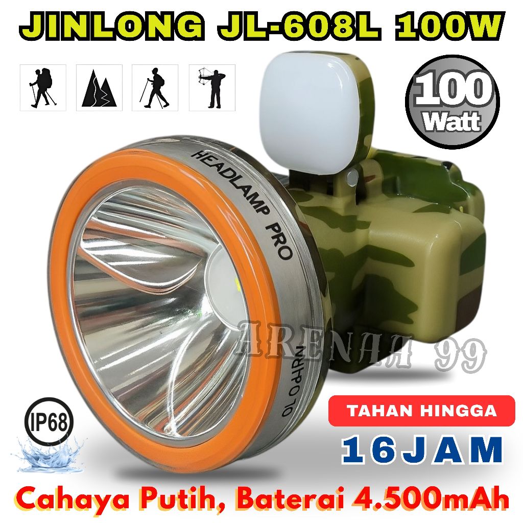 Senter Kepala Premium 100 Watt Tahan 16 Jam 4.500mAh Cahaya Putih JINLONG JL-608L Original Headlamp 