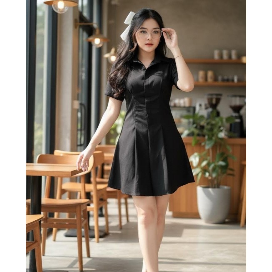 Mini Dress Hitam Wanita Korean Style A-Line Lengan Pendek Elegan