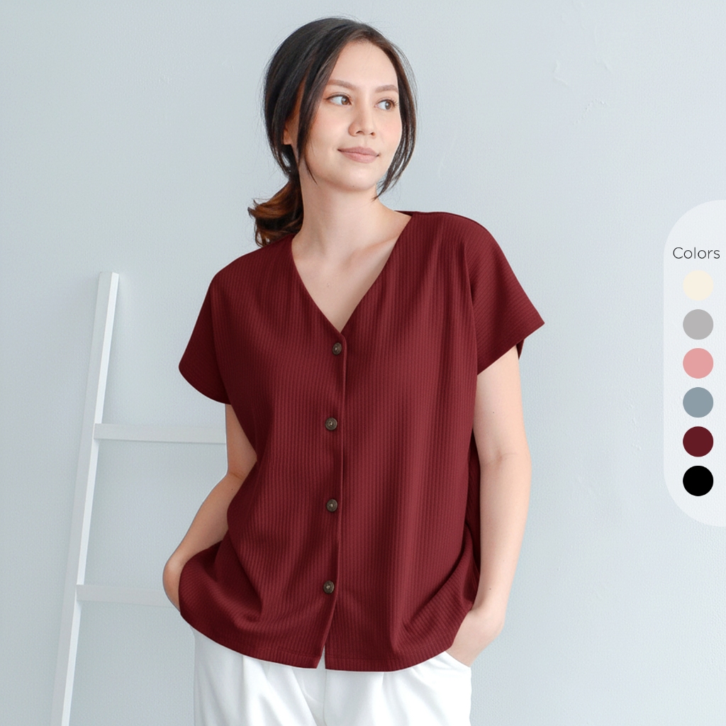 Isla Lena Top - Atasan Wanita Lengan Pendek - Kemeja Wanita - Rib Knit Cotton Baju Wanita - Kemeja K