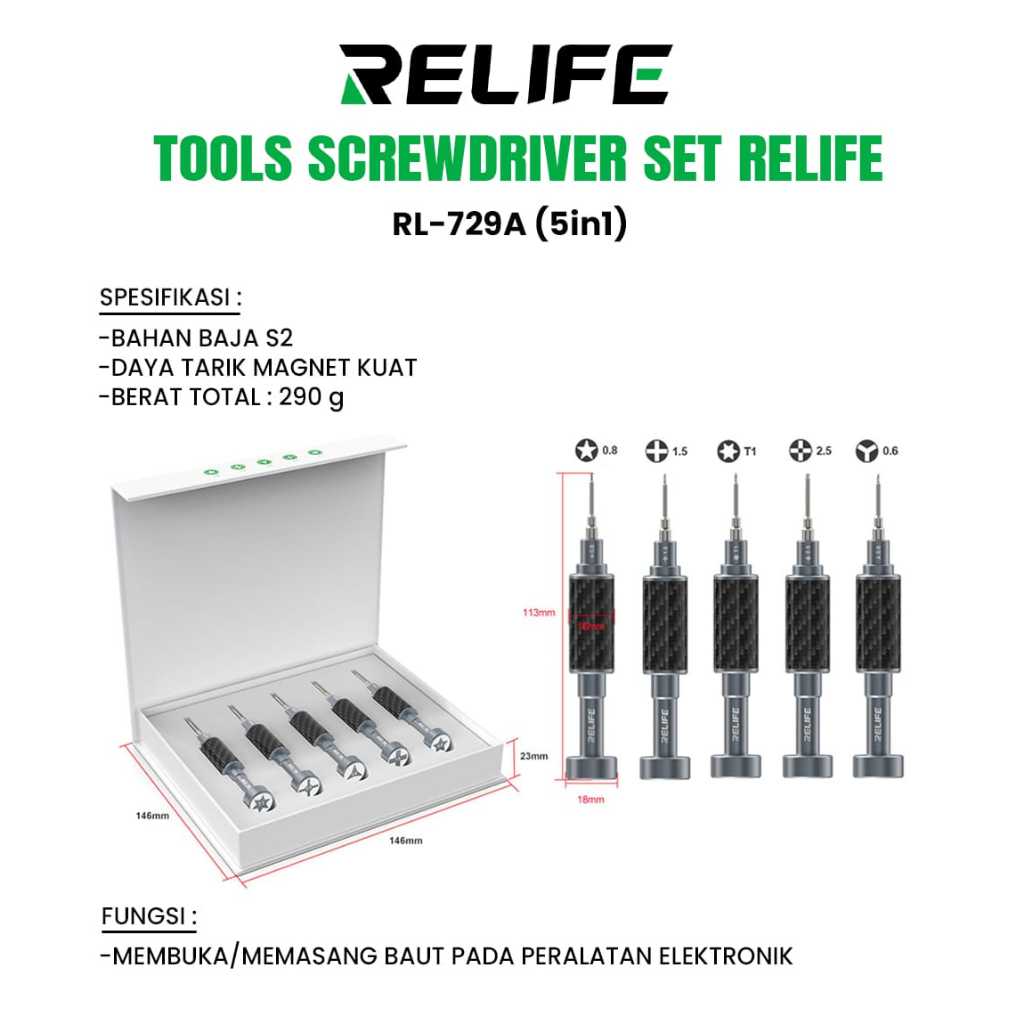 Obeng Servis HP Relife RL-729A (5 in 1) Original – Set Obeng Presisi Baja S2, Magnet Kuat, Tools Ser