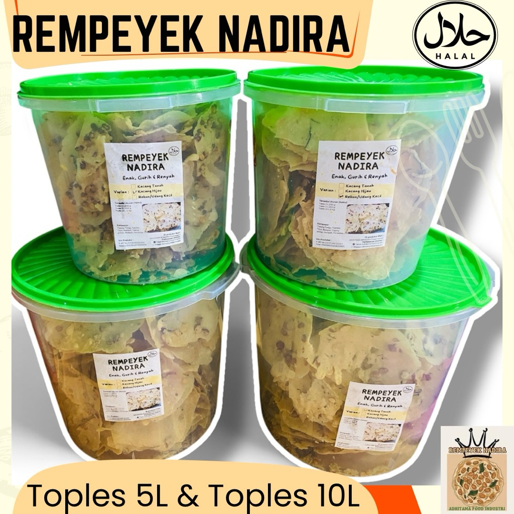 REMPEYEK NADIRA - Rempeyek Kacang Tanah, Hijau, Ebi/Rebon uk Toples 5L & 10L