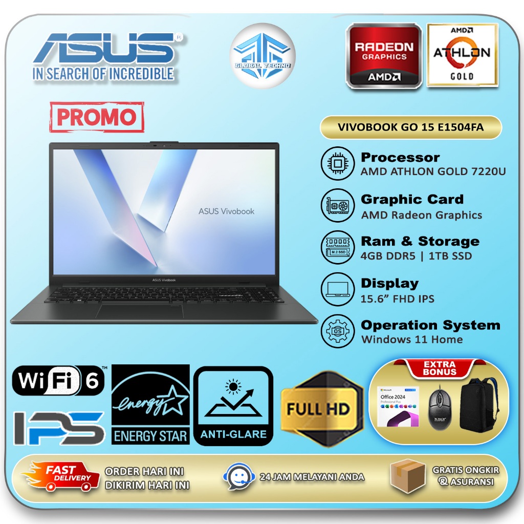 Laptop Asus Vivobook Go E1504FA AMD Athlon Gold 7220 1TB SSD Full HD IPS Windows 11 Home Black