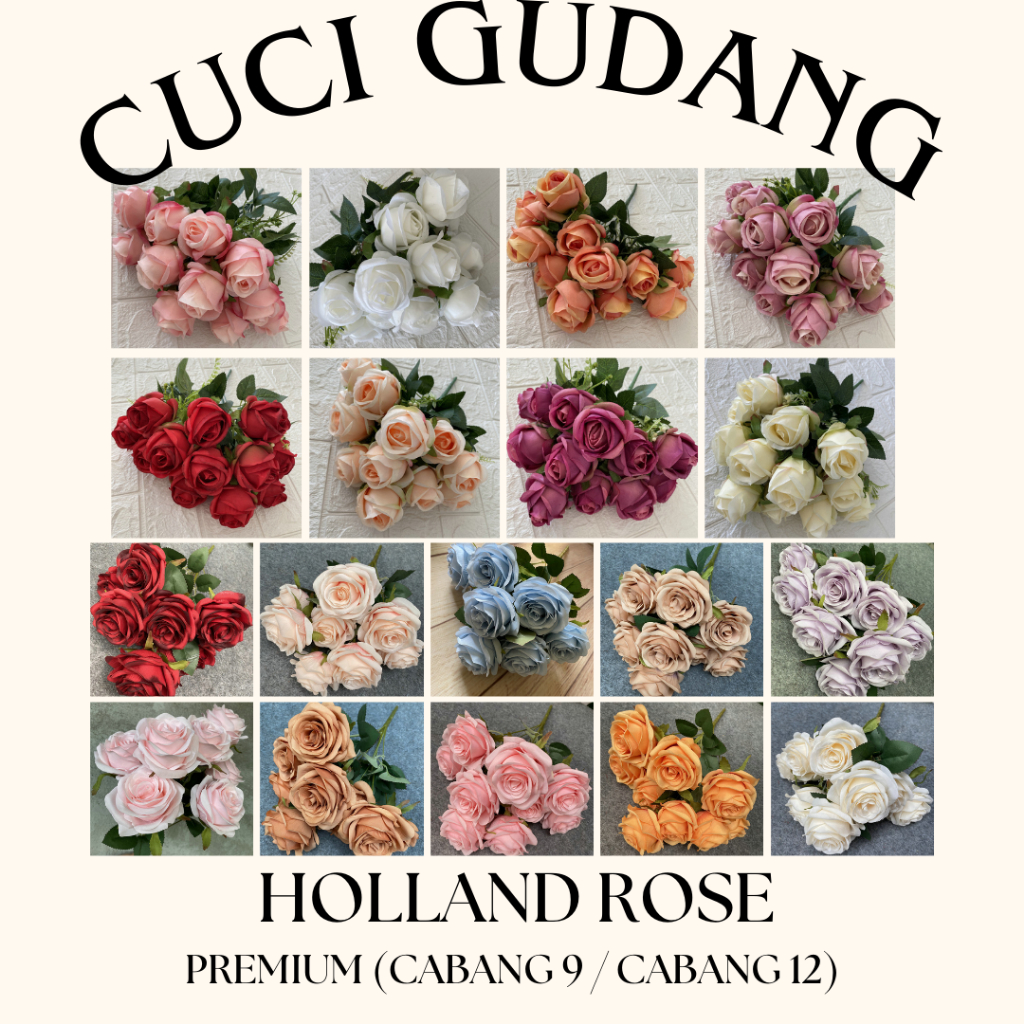 DISKON CUCI GUDANG Bunga Artificial Bunga Mawar Holland Mekar cabang 9 Mawar Kuntum Cabang 12