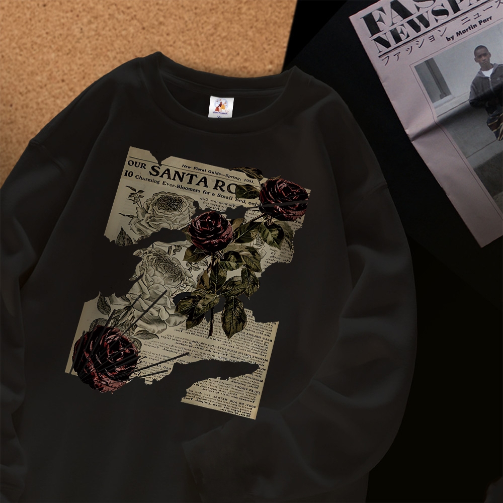 XZHAINV Kaos lengan panjang wanita gaya Korea dengan motif mawar ala koran retro/atasan longgar leng