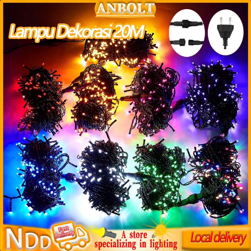 2025 Lampu Hias 20 Meter 200 LED Lampu Tumbler Kabel Hitam 10 Meter 100 LED 1 Mode Pencahayaan Lampu