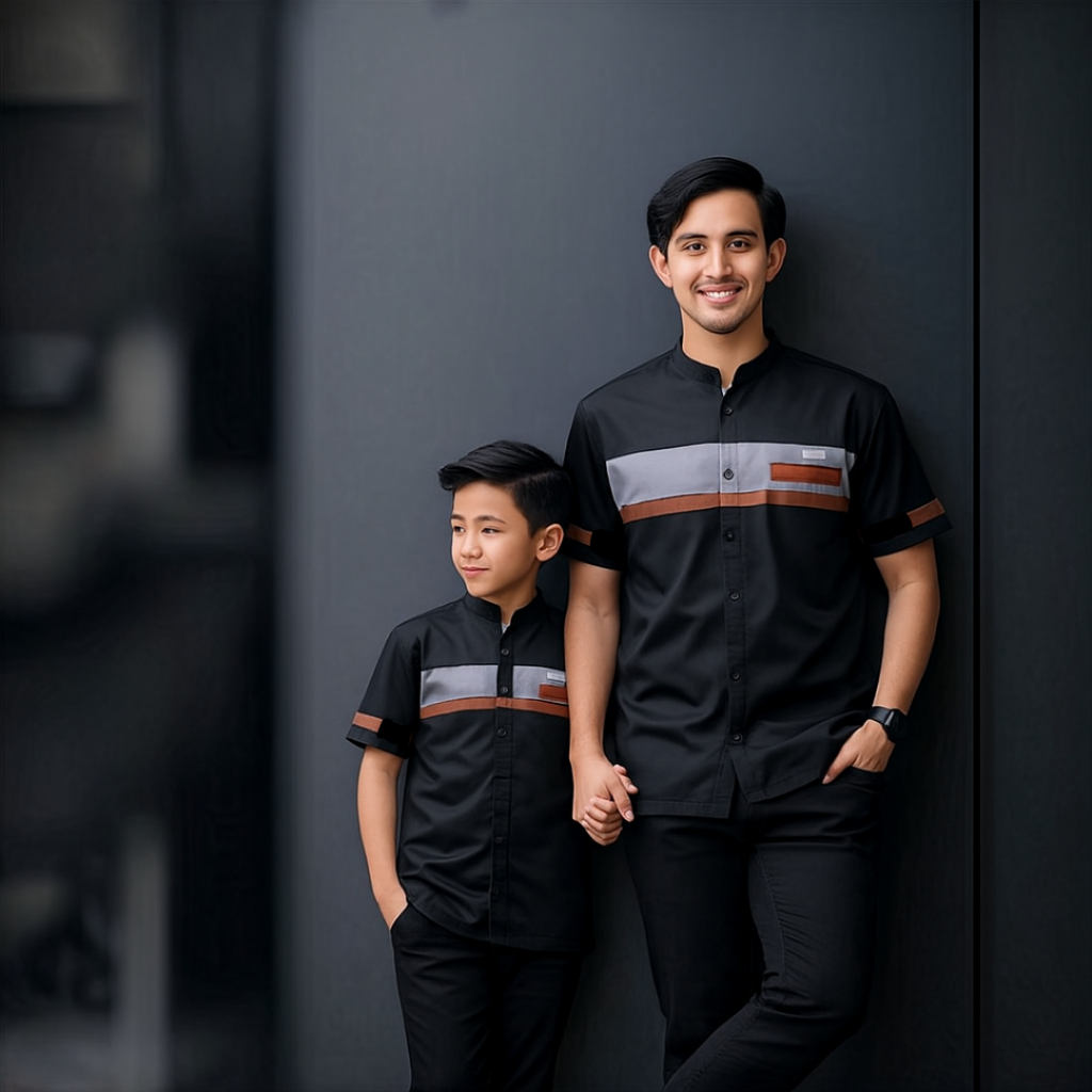Baju Koko Couple Ayah dan Anak Laki-laki Harga Terpisah Kemeja Kurta Kerah Mandarin Lengan Pendek Ba