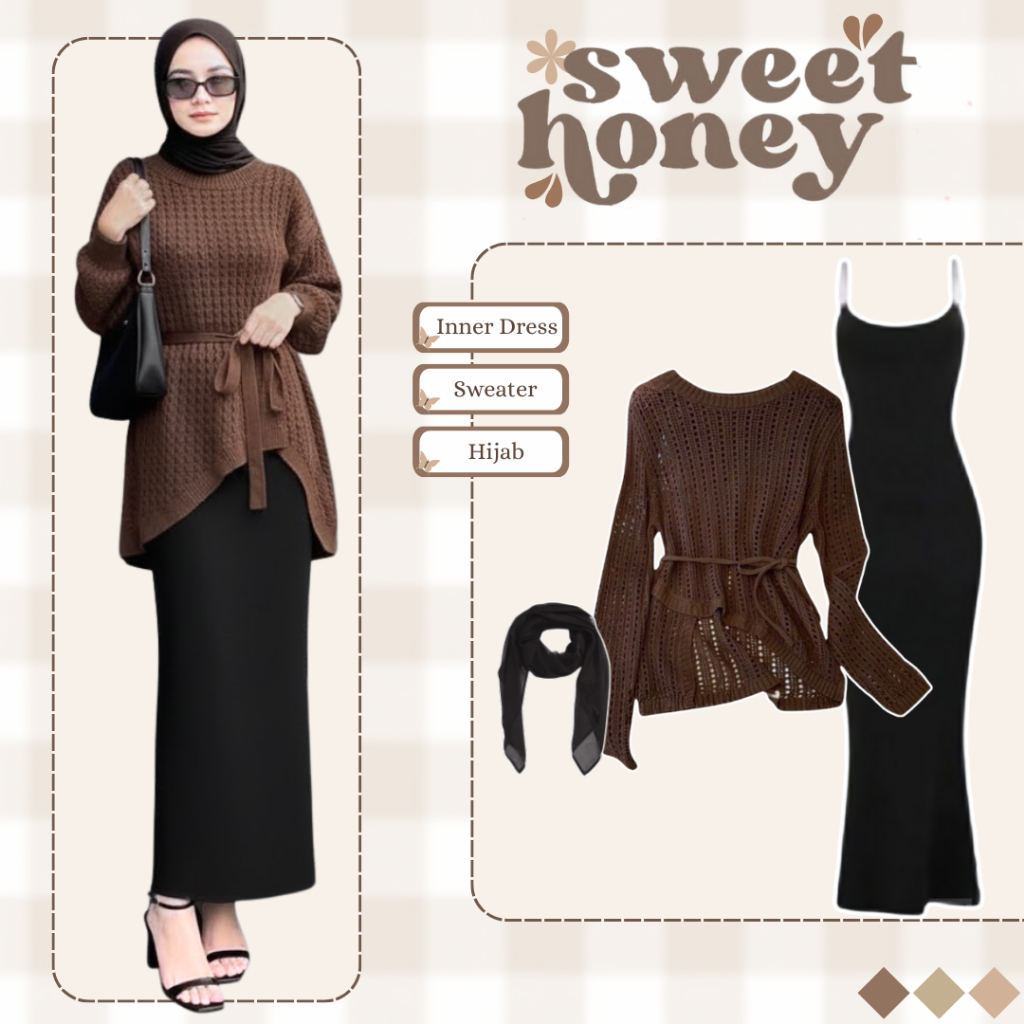 Ootd Yuruma Sweater Wanita Kekinian (Inner Dress + Yuruma Sweater + Hijab) One Set Hangout Set 3in1 