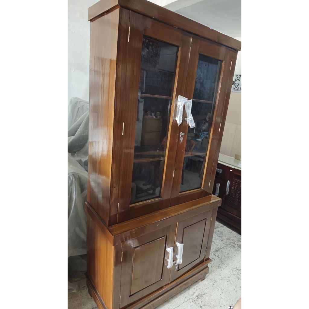 Rak Buku Kayu Jati 2pintu / Lemari Buku Kaca Kayu Pajangan Kokoh