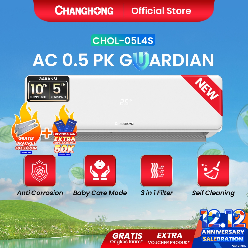 [FREE BRACKET OUTDOOR] NEW PRODUCT CHANGHONG AC 1/2 PK GUARDIAN SERIES STANDARD CHOL-05L4S [INDOOR +