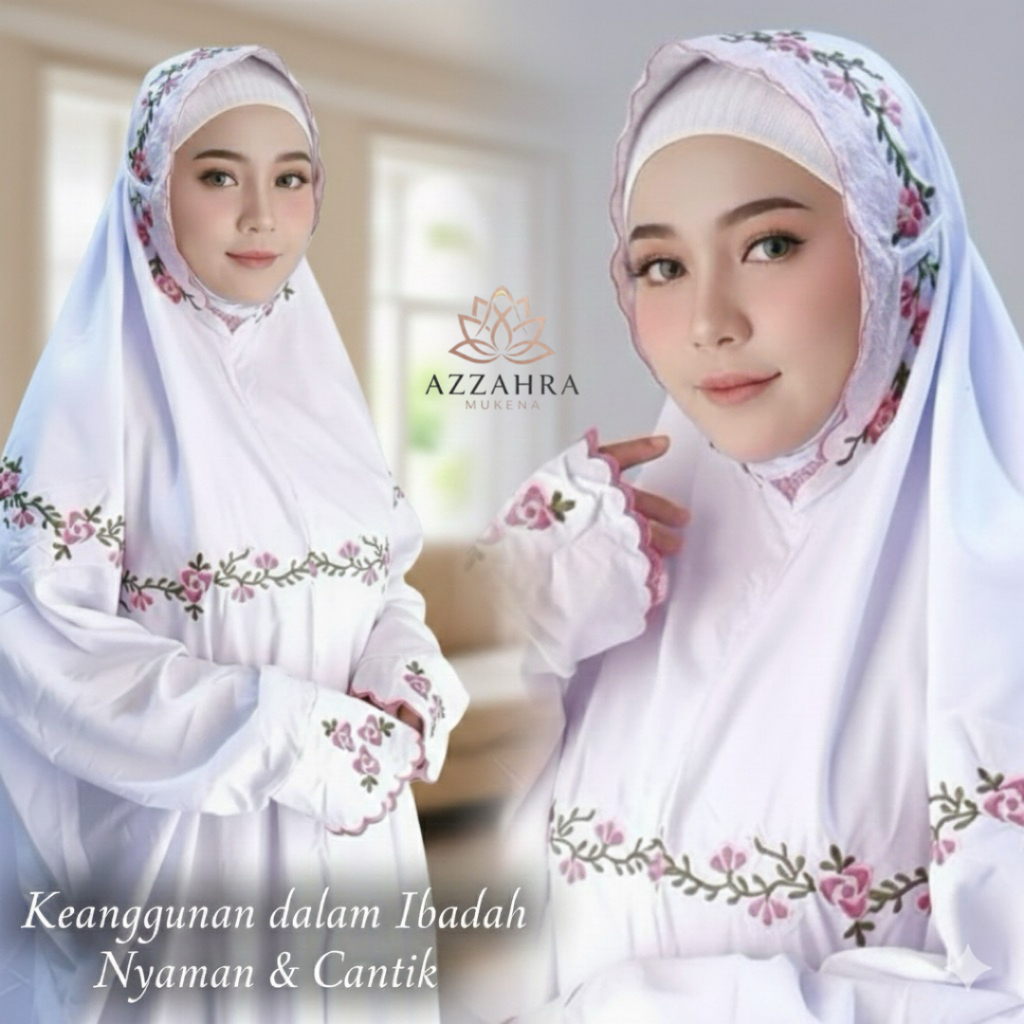 TERBARU Mukena Terusan Putih Bordir Bunga Kejora Minang - Telekung Lajuran Polino Evata Murah COD - 