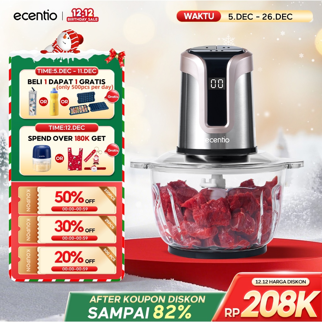 ecentio LED Display Penggiling Daging Multifungsi 3 Kecepatan Food Processor 2L 6 Mata Pisau Mesin G
