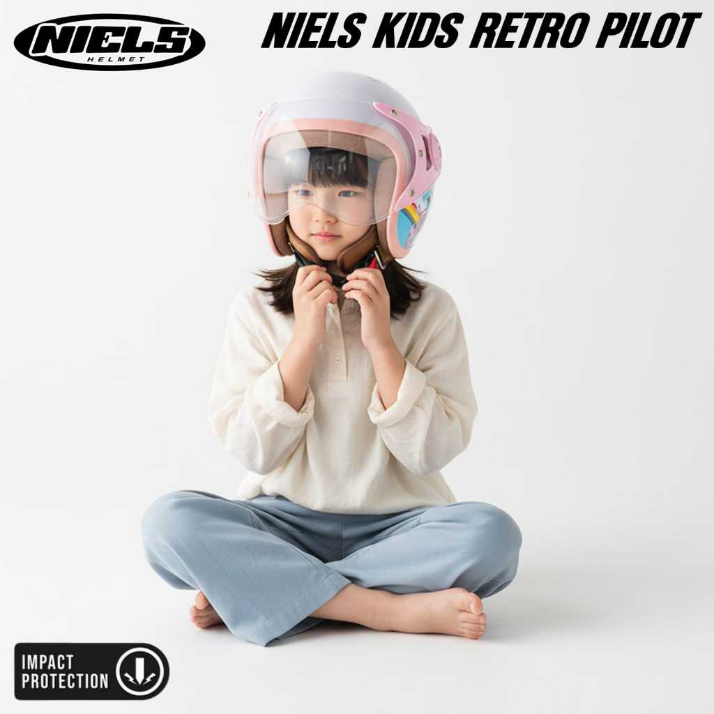 Helm Anak Pilot SNI Motif Retro Lucu Laki Perempuan Usia 2-10 Tahun