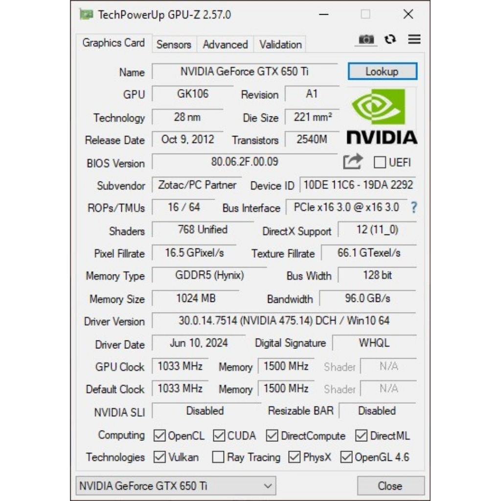 VGA ZOTAC GTX 650 TI TSI 1gb DDR5 mulus