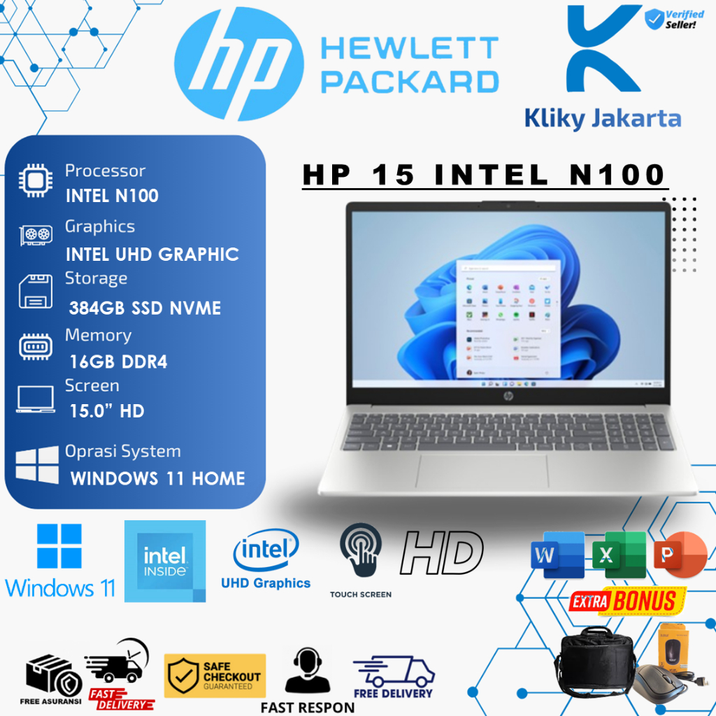 LAPTOP BARU HP 15 INTEL N100 16GB 384GB SSD 15.6 INC TOUCHSCREEN WINDOWS 11 ORIGINAL BLACK