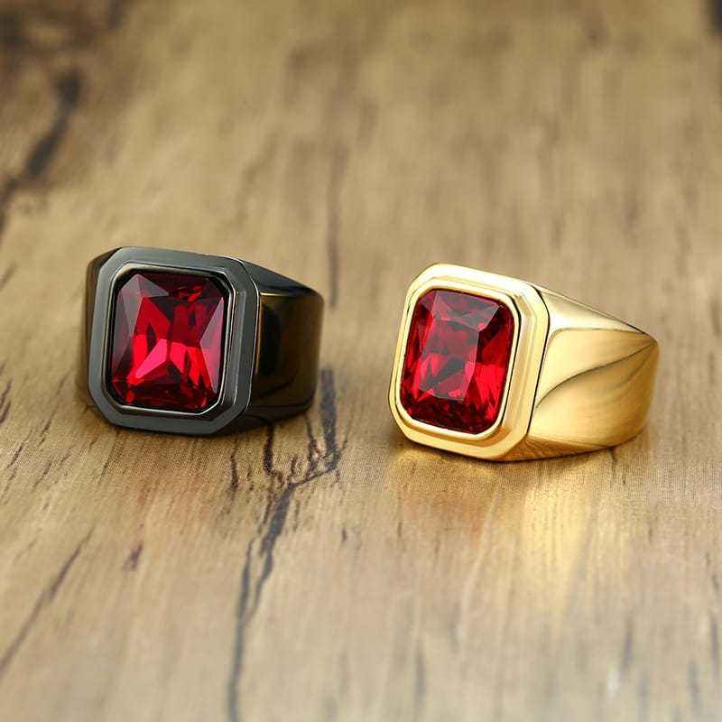 CINCIN PRIA DAN WANITA KEKINIAN TITANIUM RING MODEL BATU MERAH RUBY ANTI KARAT